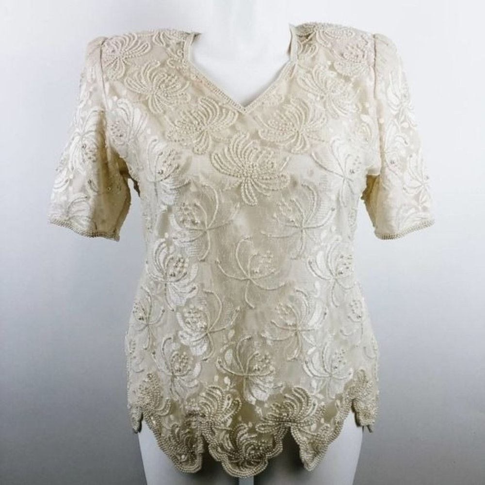 Vintage Cream Full Beaded Sequin Top Size XL